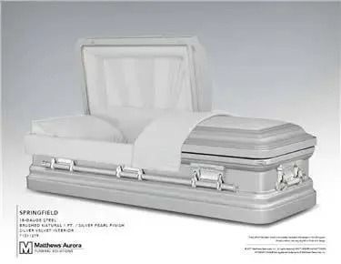 Silver steel casket with the lid open, revealing a white interior, including pillow and covering.