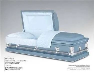 Light blue metal casket with open lid and white interior.