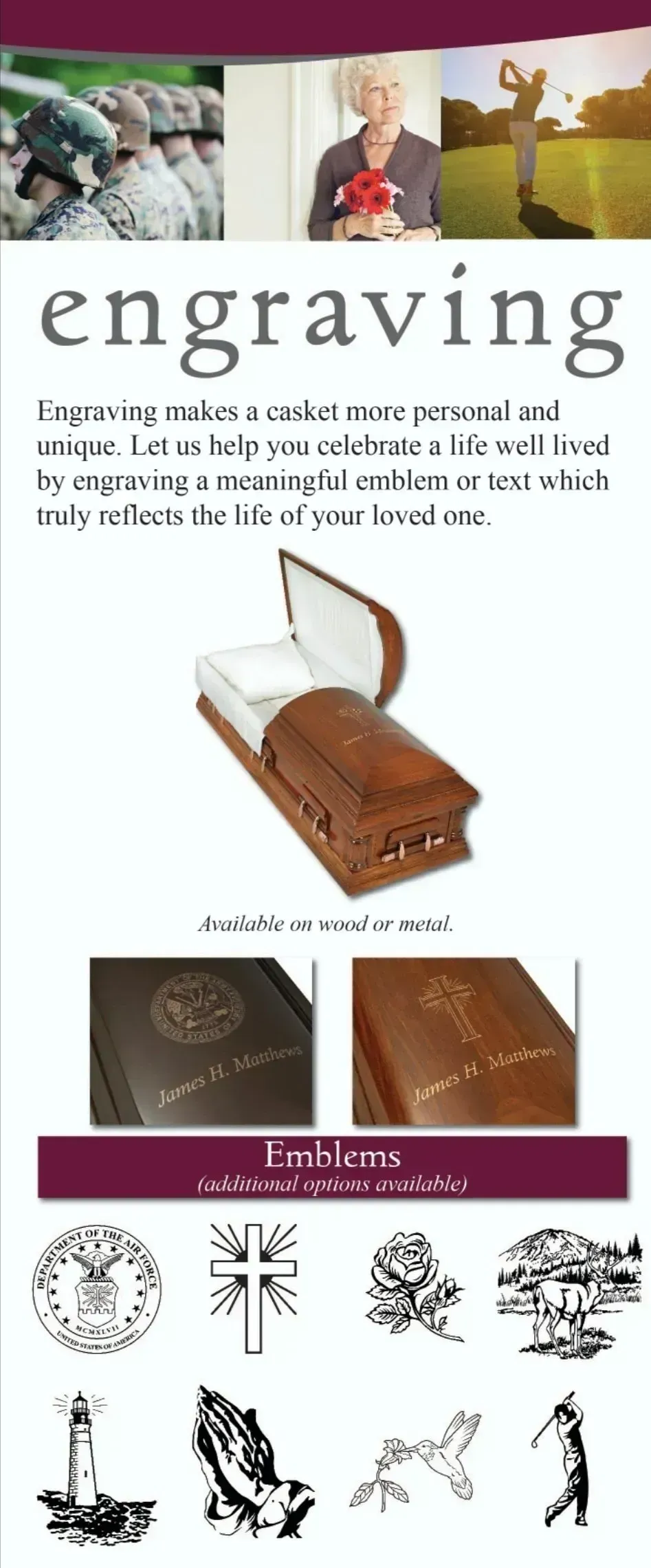 Engraving services: A brochure showing a casket with engraving examples and graphic options for engraving.