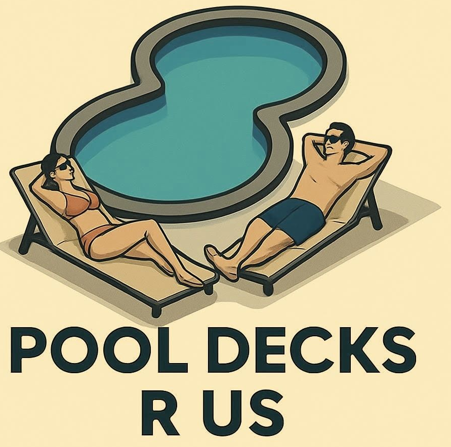 Two people lounging on pool decks by a blue pool with “POOL DECKS R US” text below