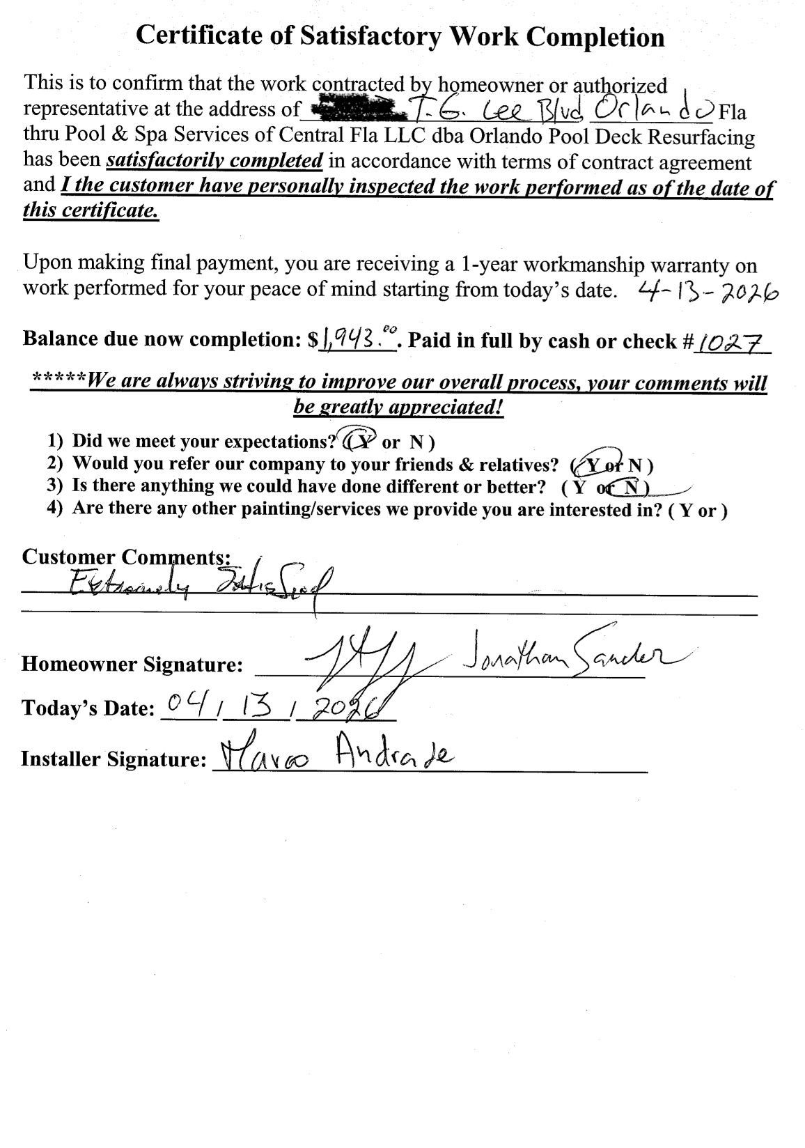 Certificate of Satisfactory Work Completion form with handwritten signatures and dates