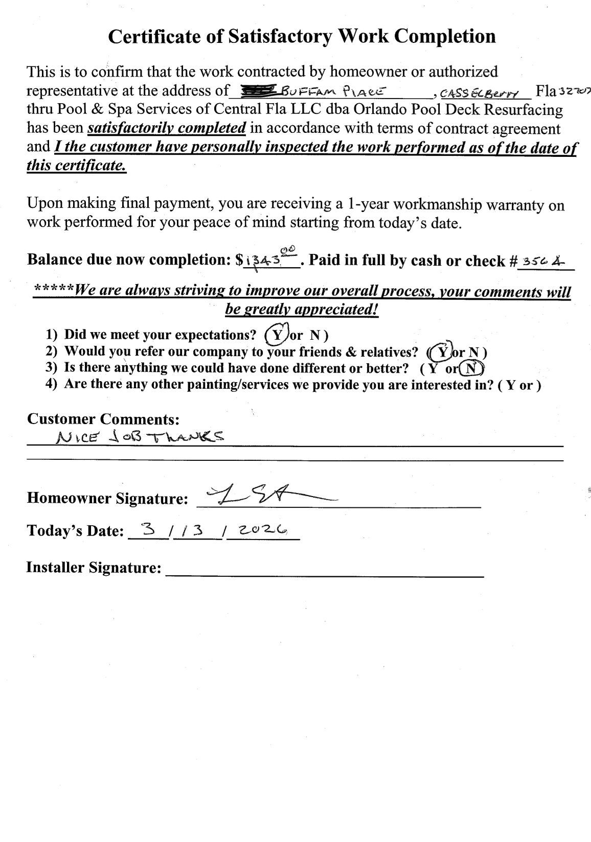 Certificate of Satisfactory Work Completion form with text fields and handwritten signatures