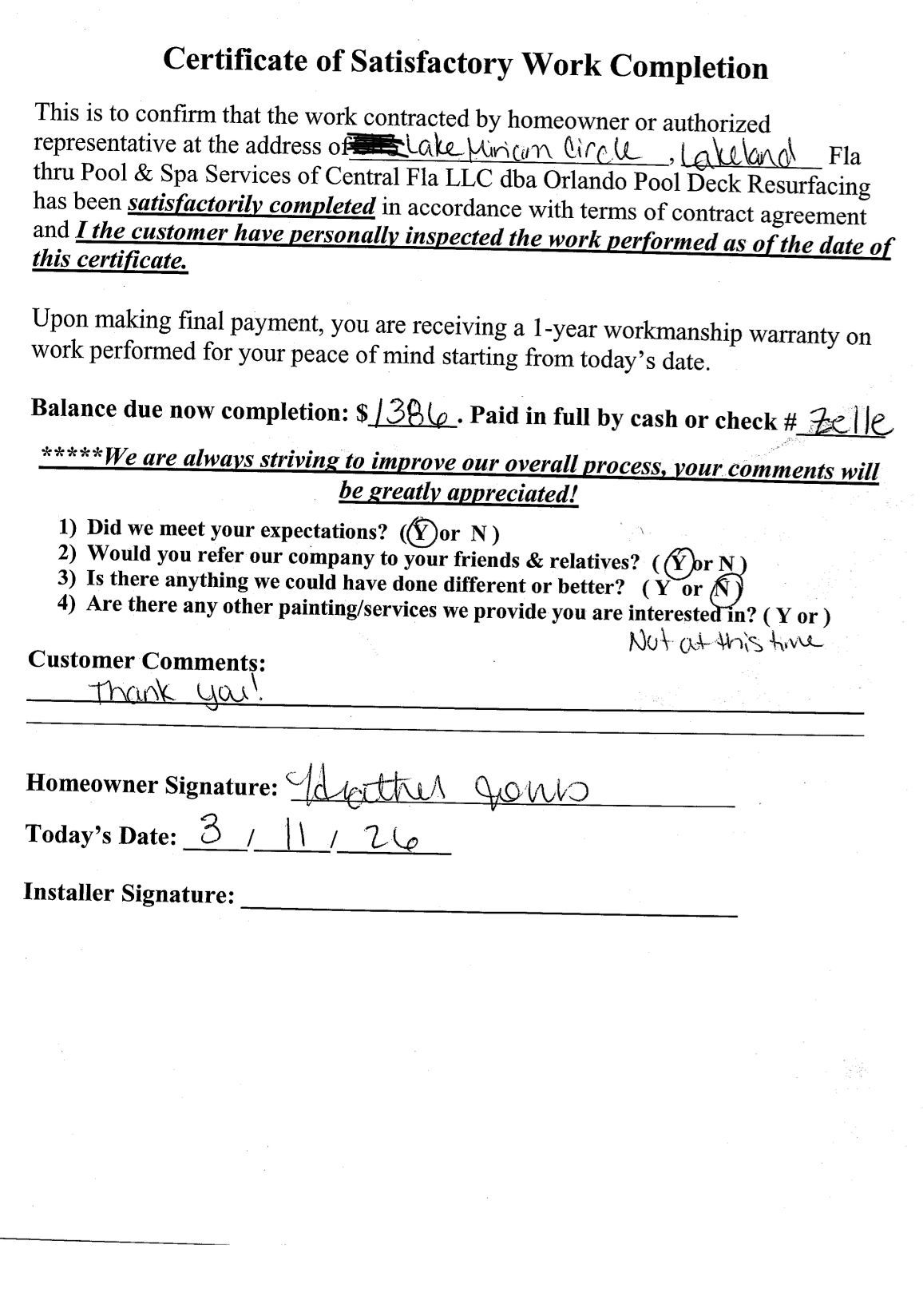 Satisfaction work completion certificate form with handwritten entries and signatures