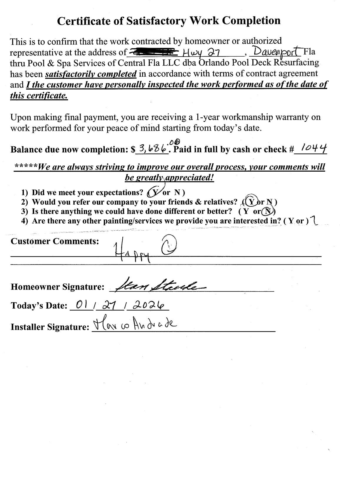Certificate of satisfactory work completion form with typed text and handwritten signature lines
