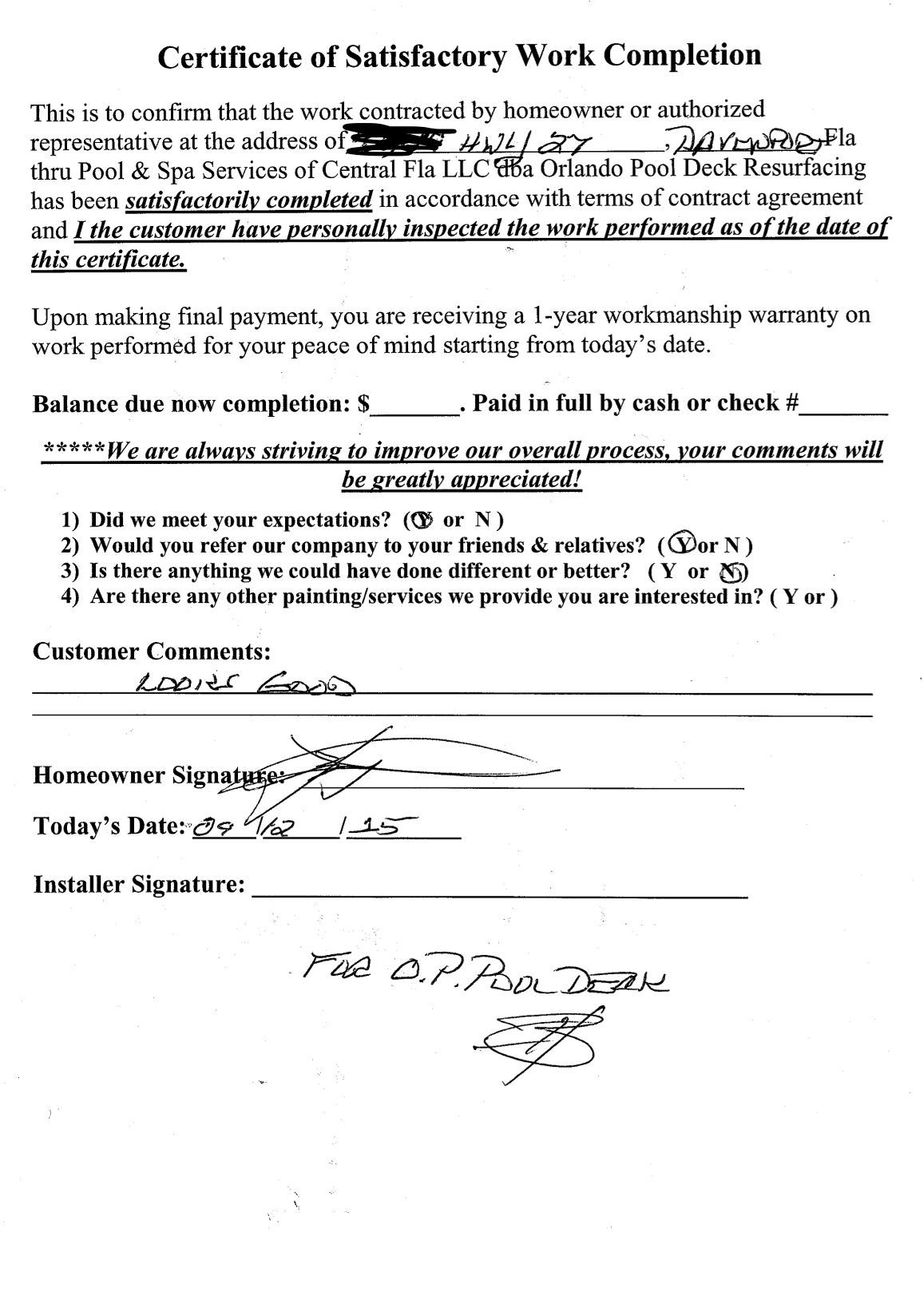 Certificate of Satisfactory Work Completion form with typed text, signatures, and handwritten entries