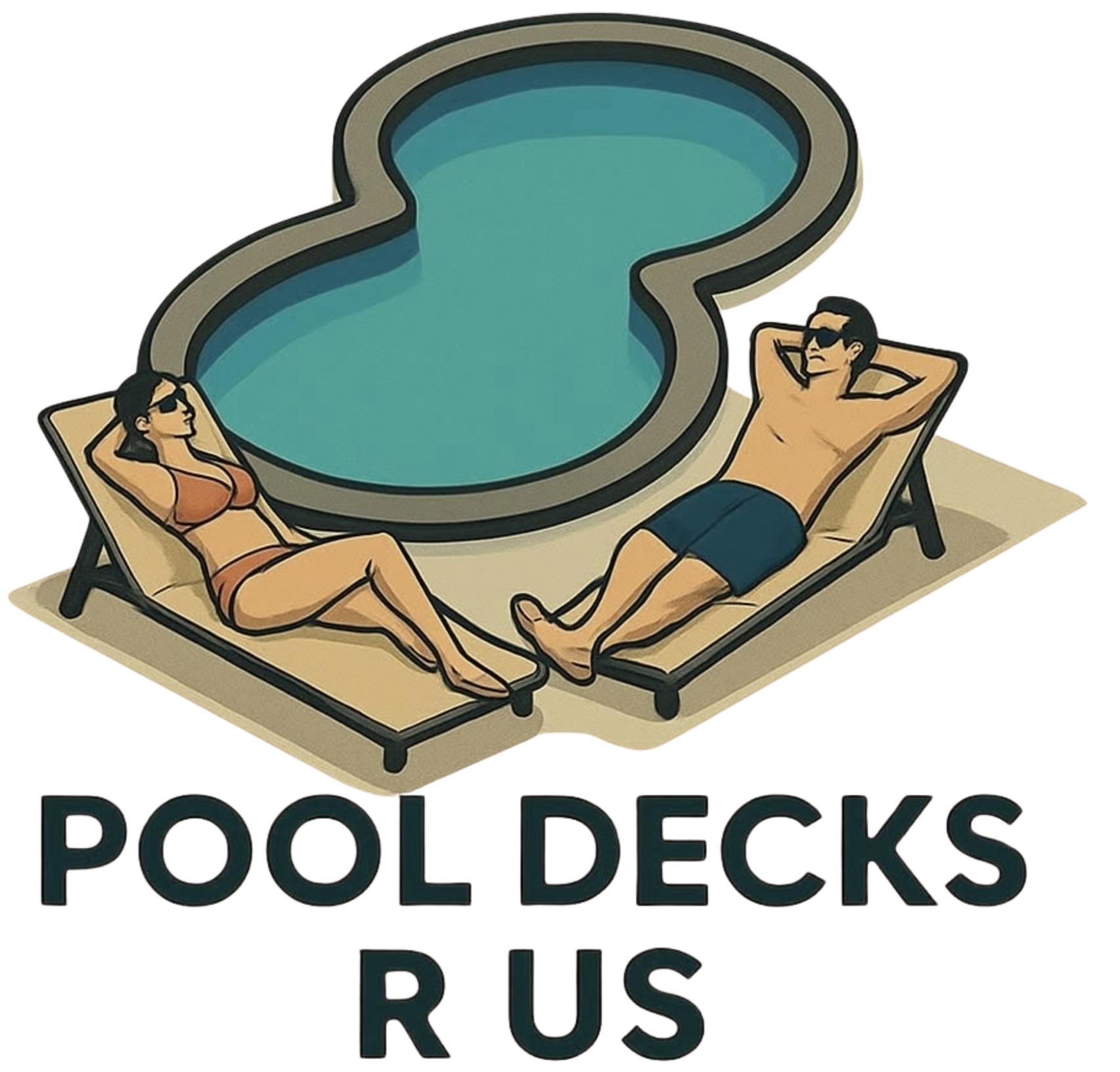 Pool deck logo with two people relaxing by a blue pool and the text “POOL DECKS R US”