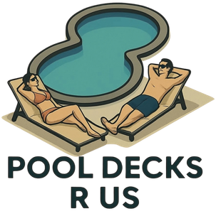 Pool deck logo with two people relaxing by a blue pool and the text “POOL DECKS R US”