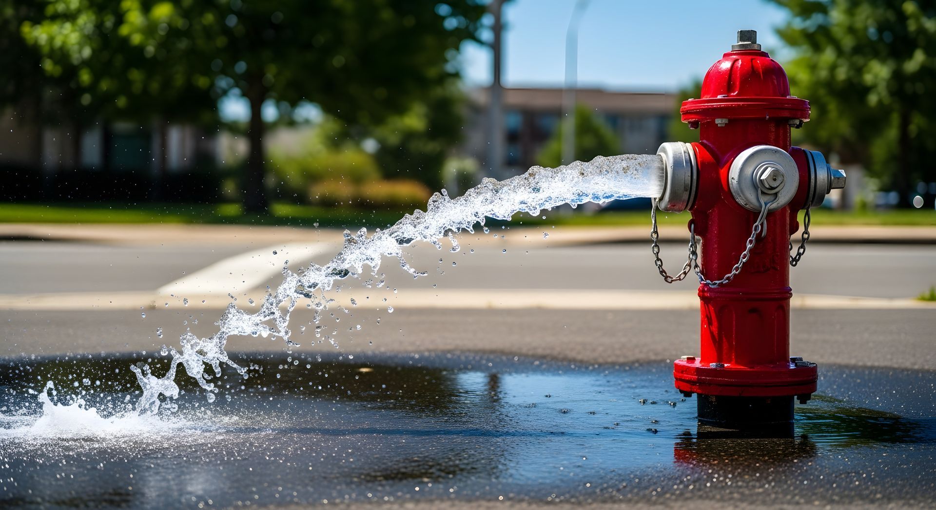 Red fire hydrant flowing water onto a Newark street during flow testing. Red fire hydrant flowing water onto a Newark street during flow testing.