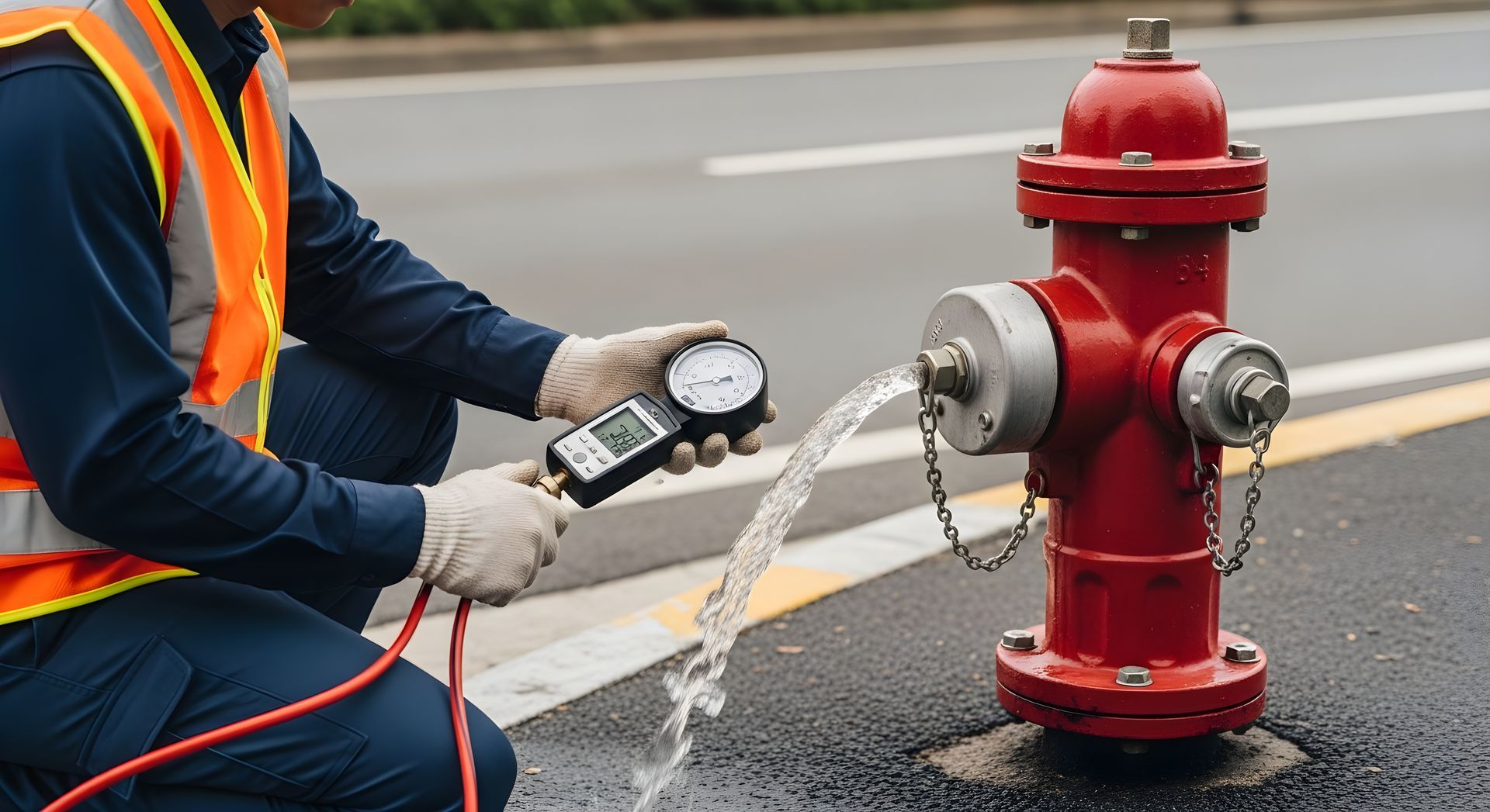 The technician tests fire hydrant water flow with a pressure gauge.