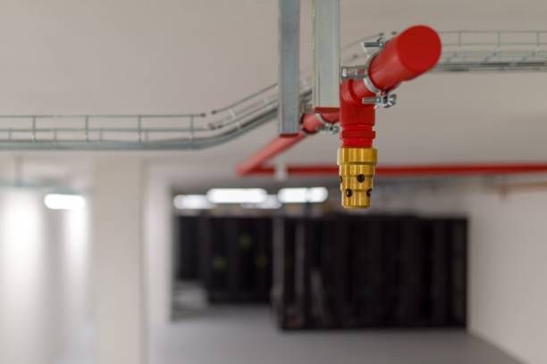 Red and white pipe with a valve in a white room, showcasing dry fire sprinklers in Newark NJ by Allstate Fire NJ.