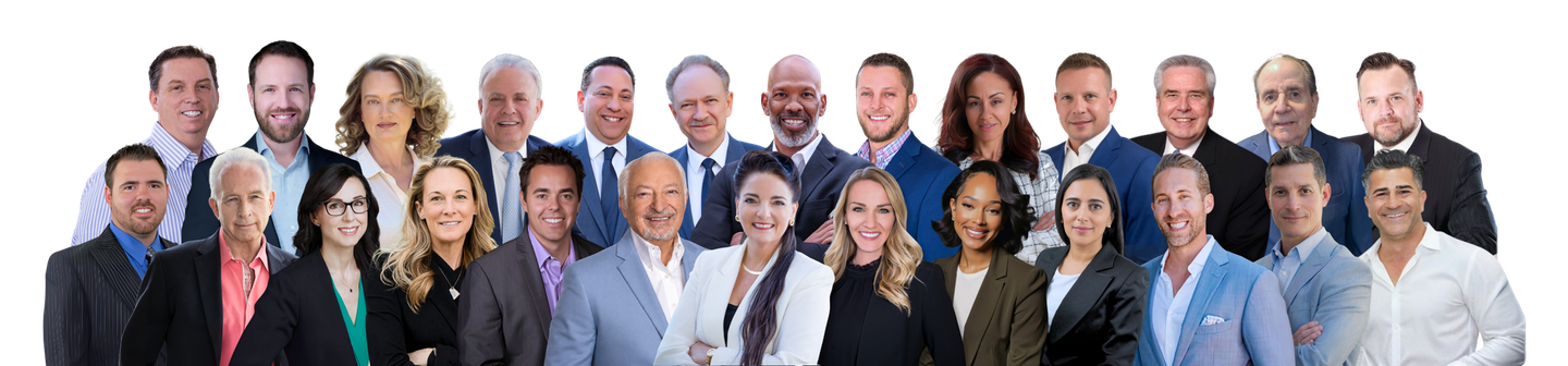 Group of professionals in business attire posing together against a white background