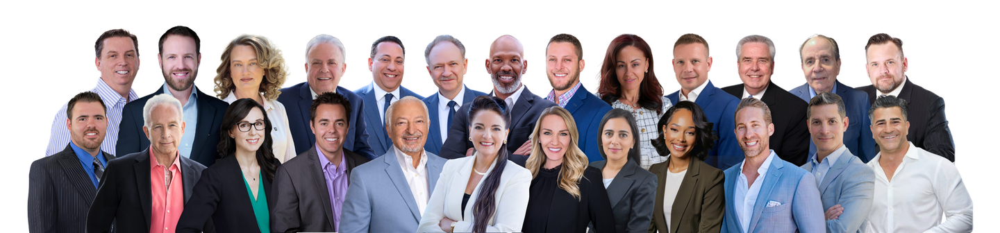Group of professionals in business attire posing together against a white background