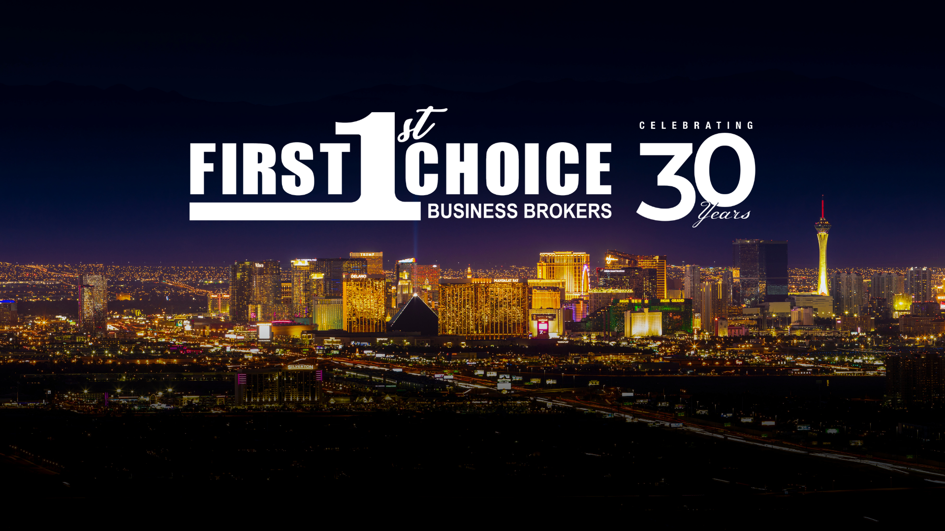 The first choice 30 business brokers logo with a city skyline in the background