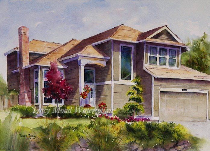 Watercolor painting of a two-story house with brown roof and green siding, set on a landscaped yard.