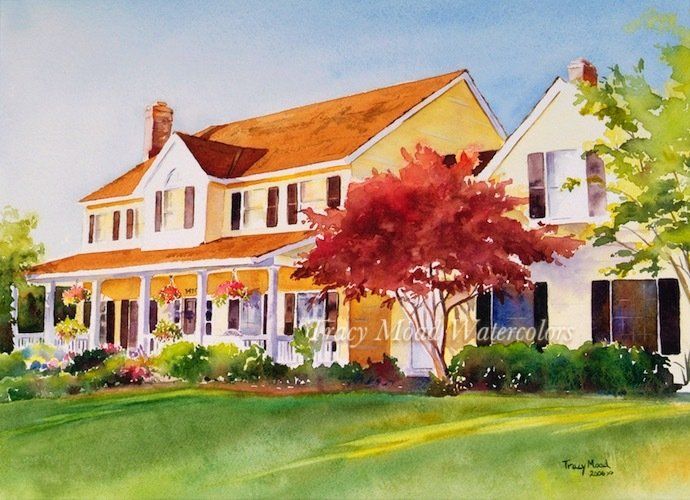Watercolor painting of a large yellow house with a red roof, a porch, and lush green lawn, with a red tree.