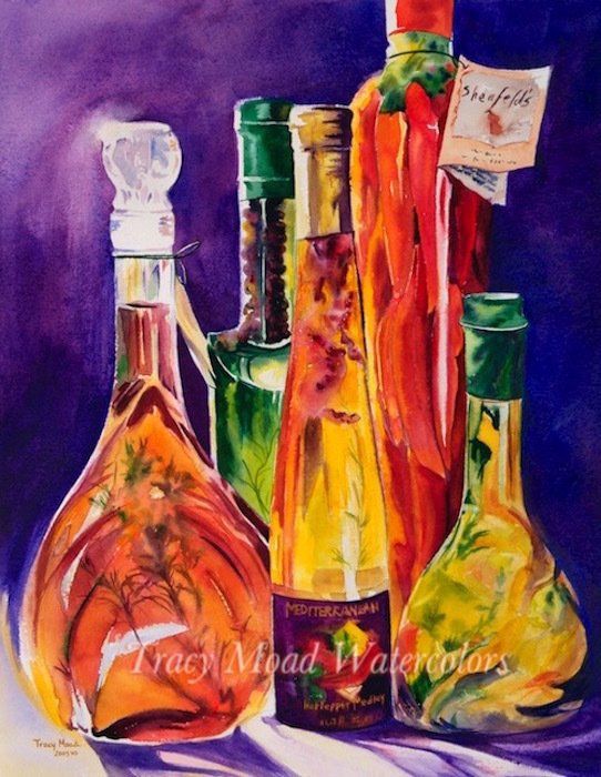 Watercolor painting of colorful bottles on a purple background.