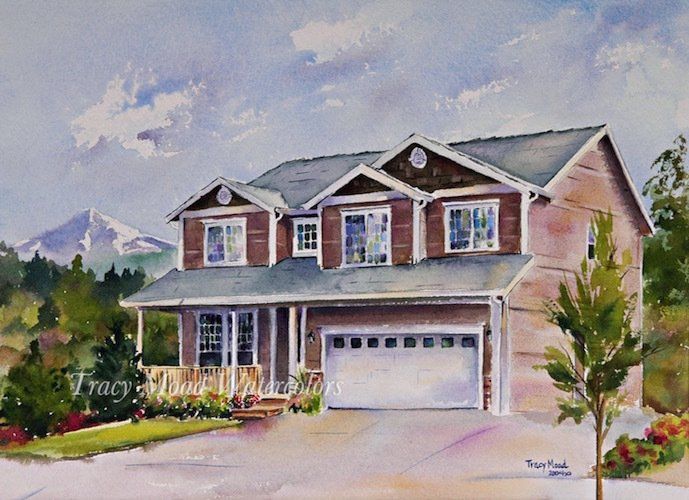 Watercolor painting of a two-story brown house with a garage and porch, set against a mountain and sky.