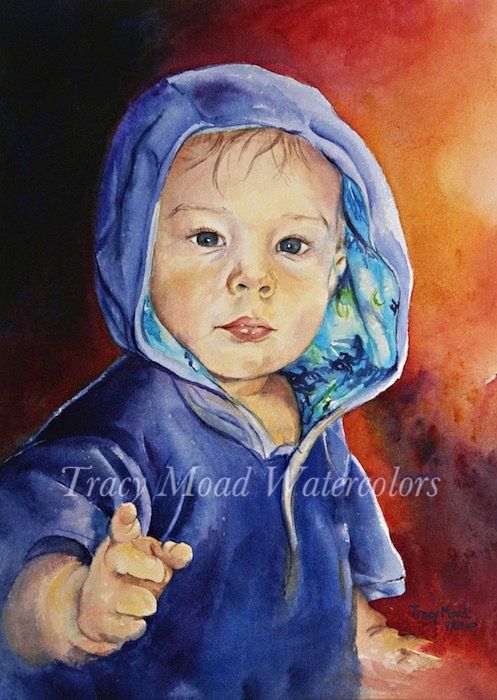 Young child in blue hoodie points forward, warm red and orange background.