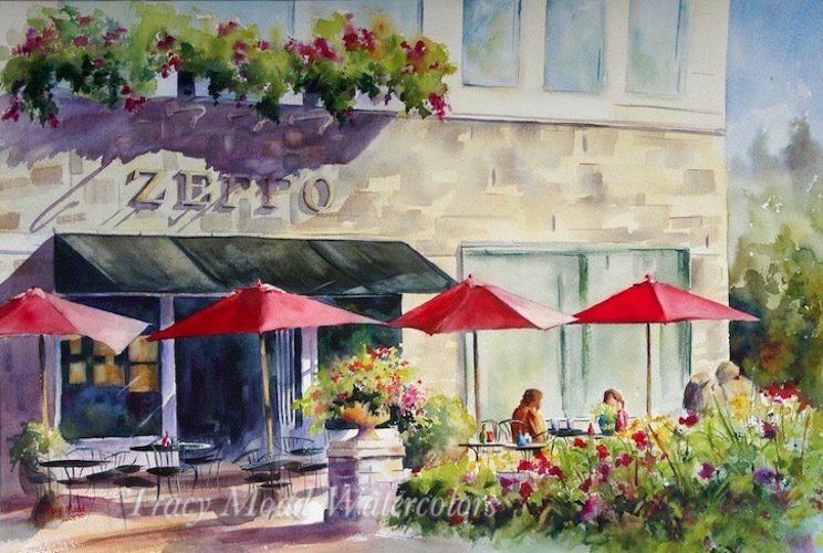Watercolor of a cafe with red umbrellas, flower boxes, and patrons; sunny outdoor seating.