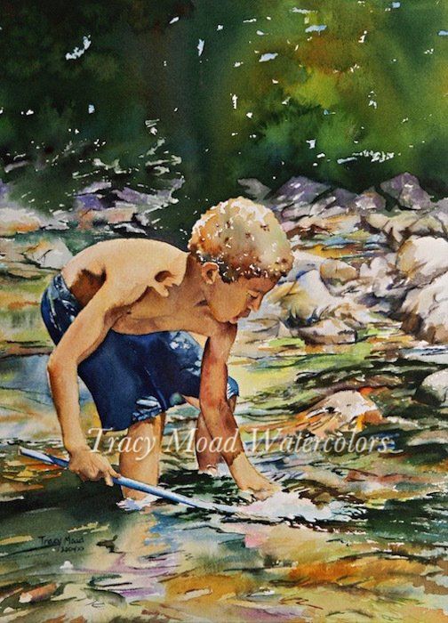 Boy wading in a stream, looking at something in the water. Blues, greens, and browns.