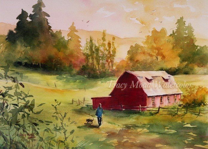 Red barn in a green field with a person and dog walking; autumn trees and hills in the background.