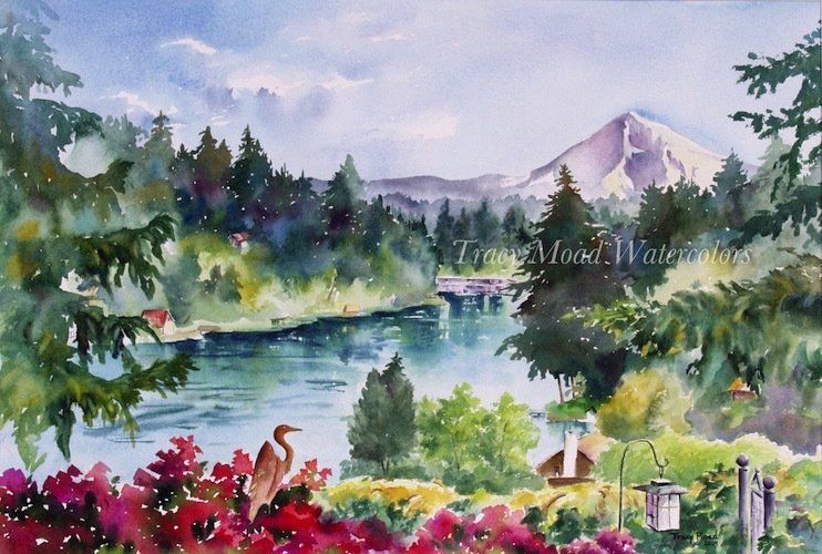 Watercolor painting of a lake and mountains, with trees and flowers in the foreground; a heron stands among the blooms.