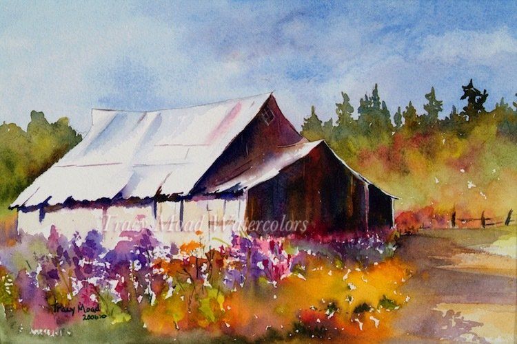 Watercolor painting of a barn with a white roof in a field of colorful flowers under a blue sky.