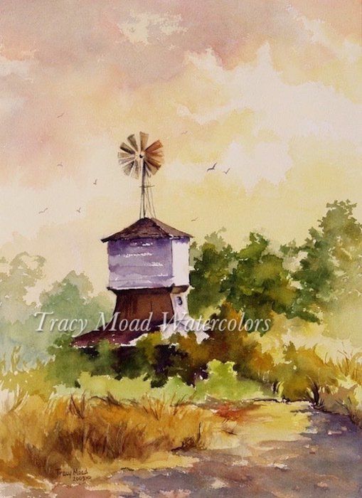 Watercolor of a windmill on a water tower, nestled among trees and tall grass, under a warm sky.