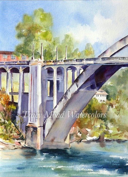 Watercolor painting of a bridge over water, with a partial view of green trees and buildings on a sunny day.