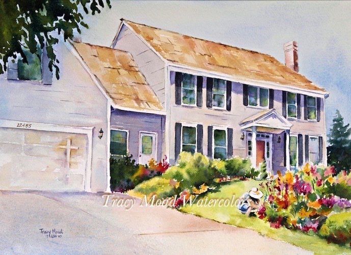 Watercolor painting of a two-story house with a garage, colorful garden, and a person in the yard.