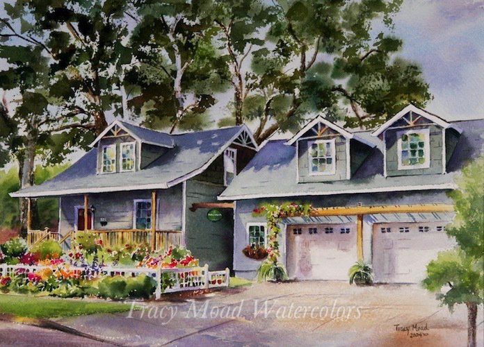Watercolor painting of a house with gray roof, white trim, and flowering garden in front.