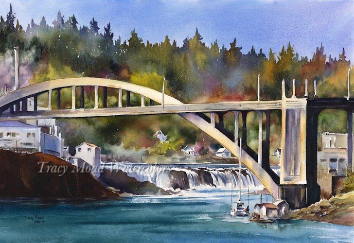 Watercolor painting of a bridge over a waterfall and river, with trees and buildings in the background.