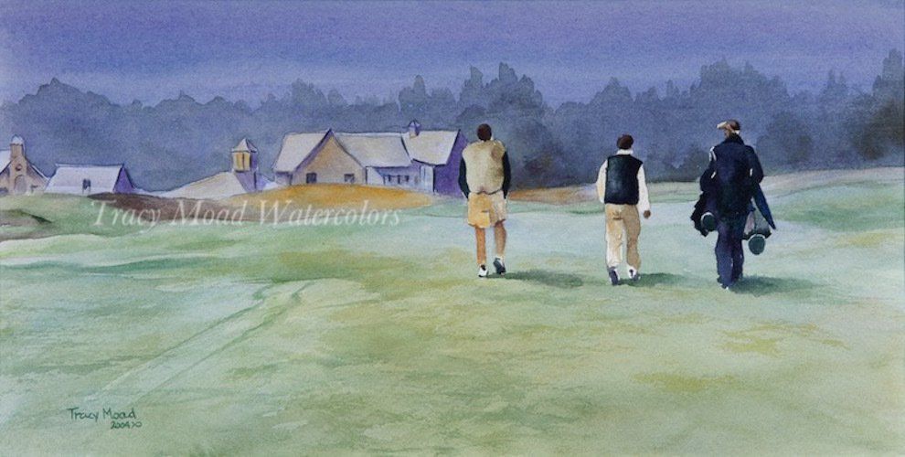 Three golfers walking on a green course towards buildings under a cloudy sky.