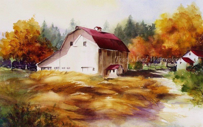 White barn with red roof set among autumn trees and hay, watercolor.