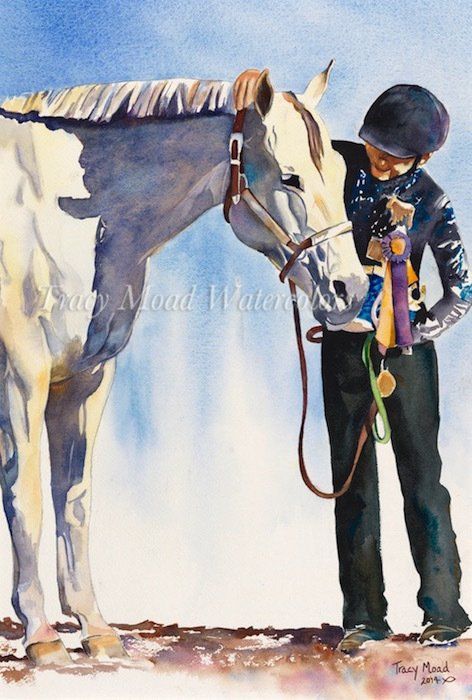 Horse and rider, wearing a helmet and ribbons, embrace. Blue sky background.