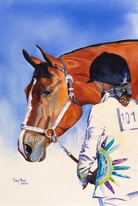Watercolor: Horse and rider. Brown horse with white blaze, rider in show coat, blue sky background.