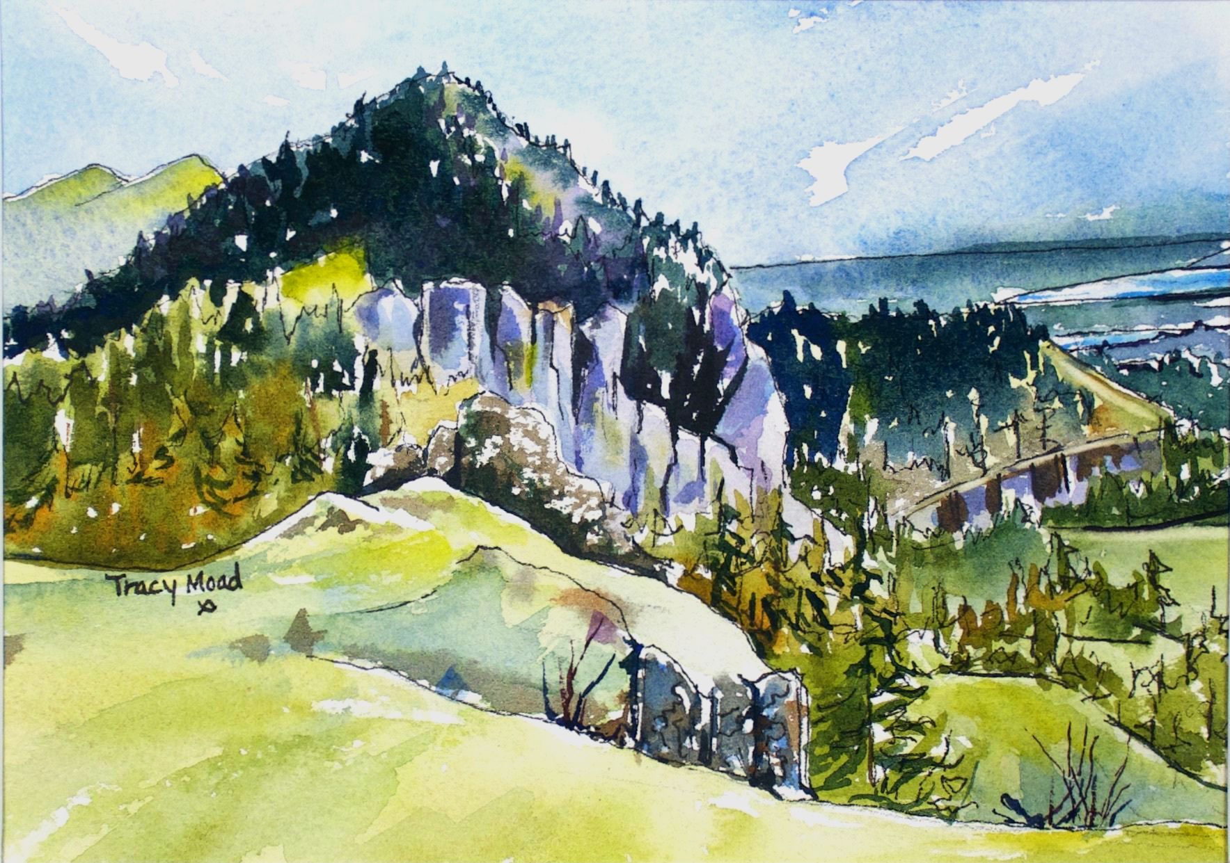 Watercolor painting of a mountain landscape with trees, cliffs, and a green valley, under a cloudy sky.