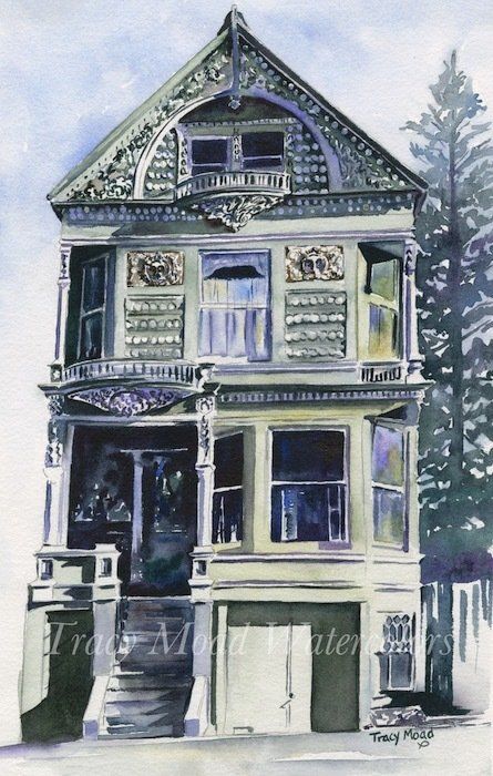 Watercolor of ornate three-story Victorian house in San Francisco; shadowed facade, blue and white hues.