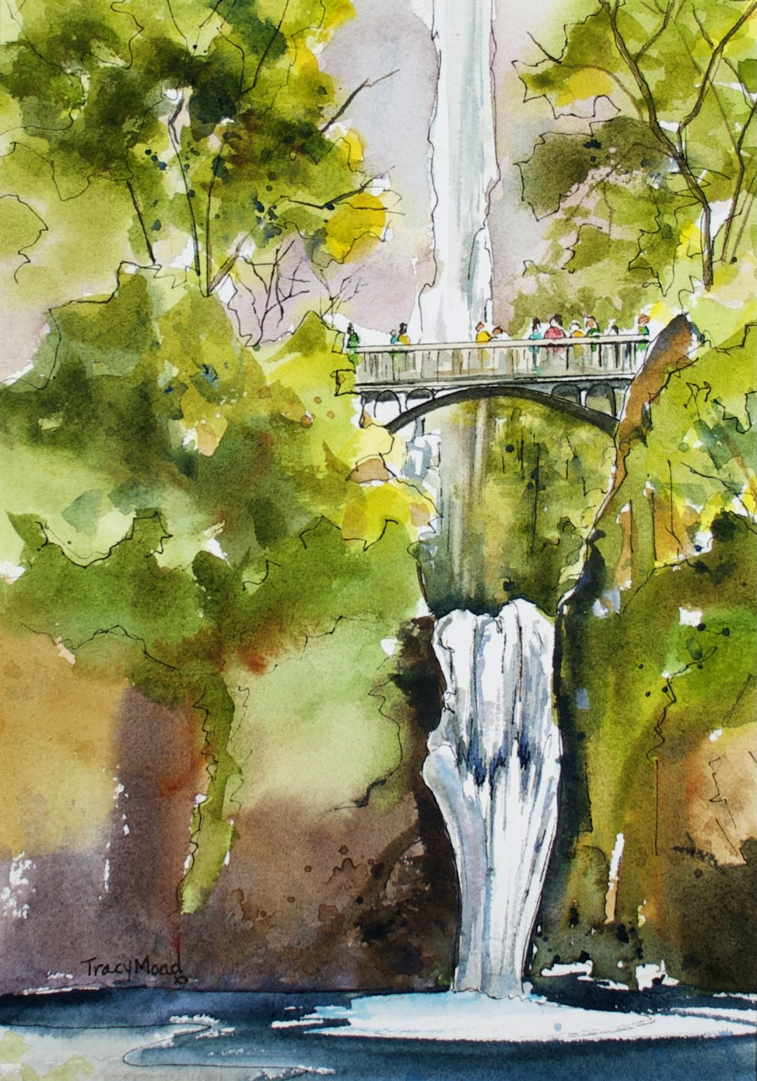 Watercolor painting of Multnomah Falls in Oregon, with a bridge, lush green trees and a misty waterfall.