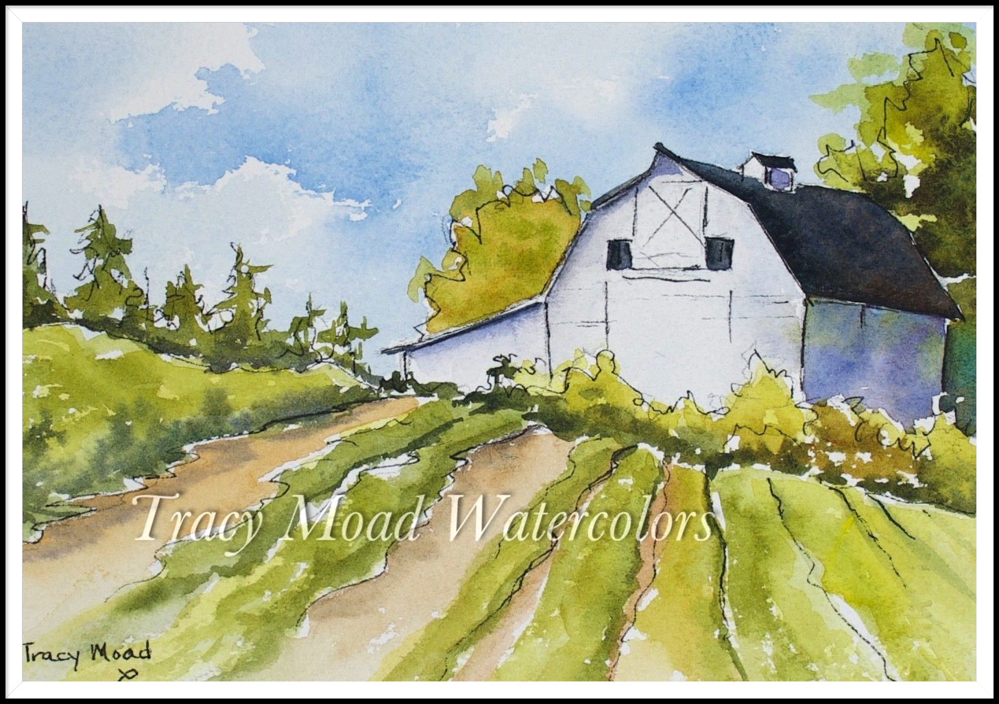 Watercolor painting of a white barn on a hill with green fields and trees, under a blue sky.