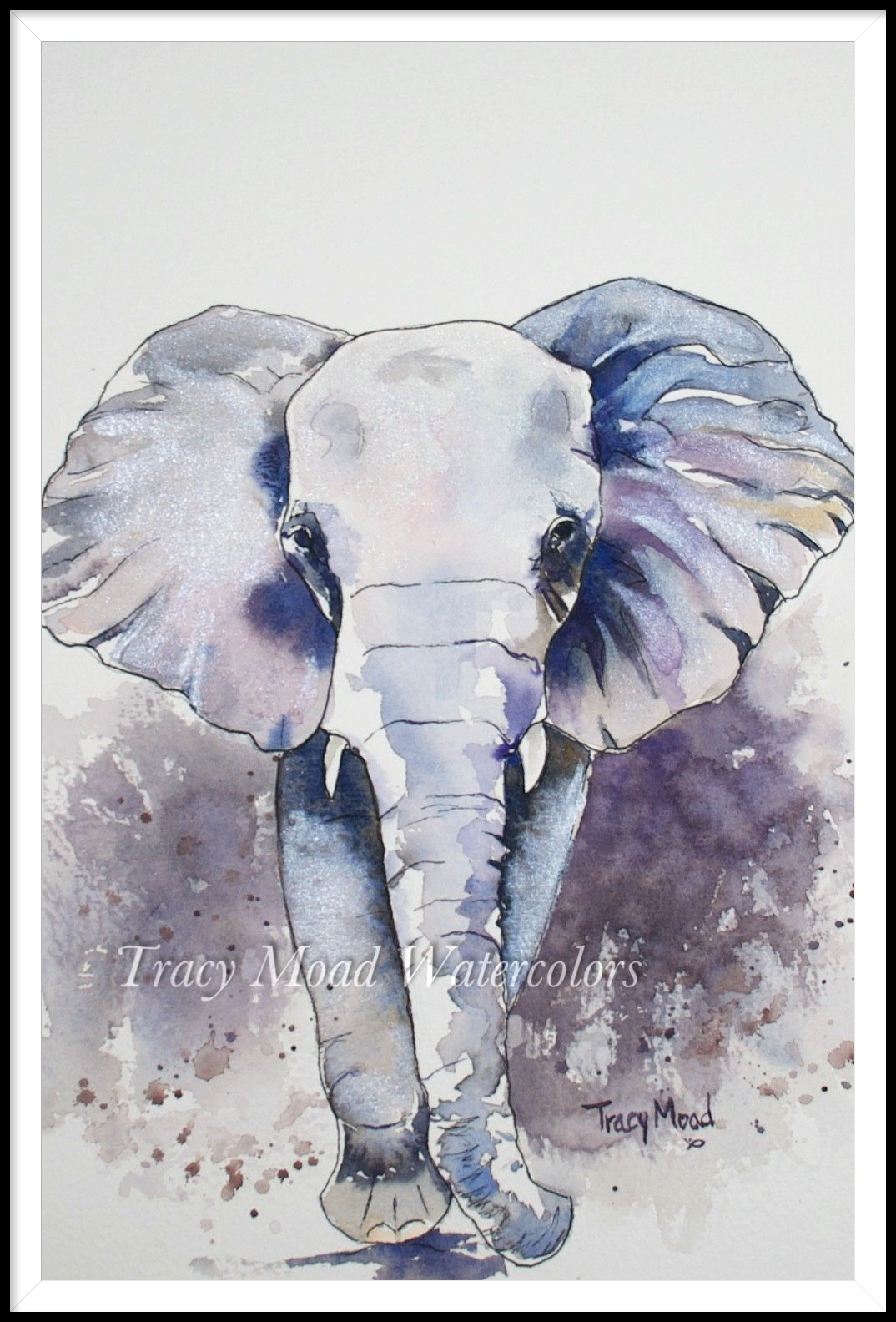 Watercolor painting of an elephant with large ears walking forward. Mostly blue and gray tones.