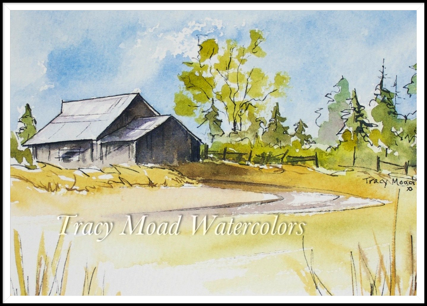 Watercolor painting of a weathered barn by a pond, with trees and a blue sky.