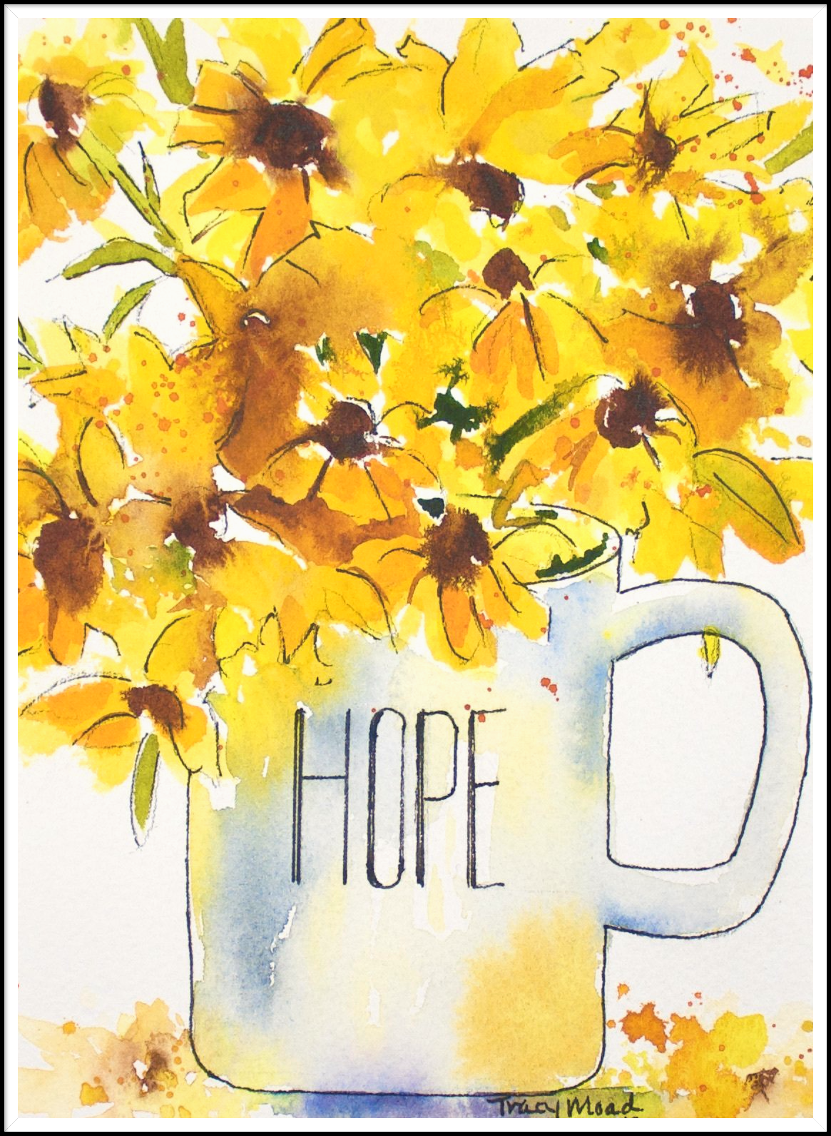 Yellow flowers in a white mug with 