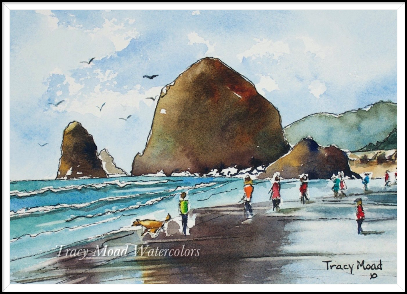 Watercolor painting of a beach with large rock formations. People walk along the shore, birds fly overhead.