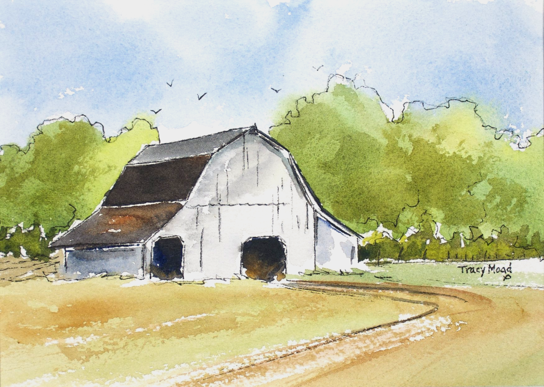 Watercolor painting of a white barn with a dark roof, in a field with trees and a blue sky.