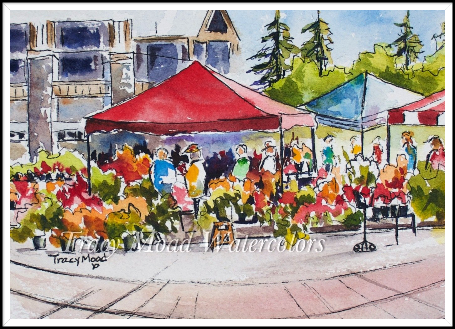 Watercolor of a farmers market under red and blue awnings with people and produce, trees, and buildings.
