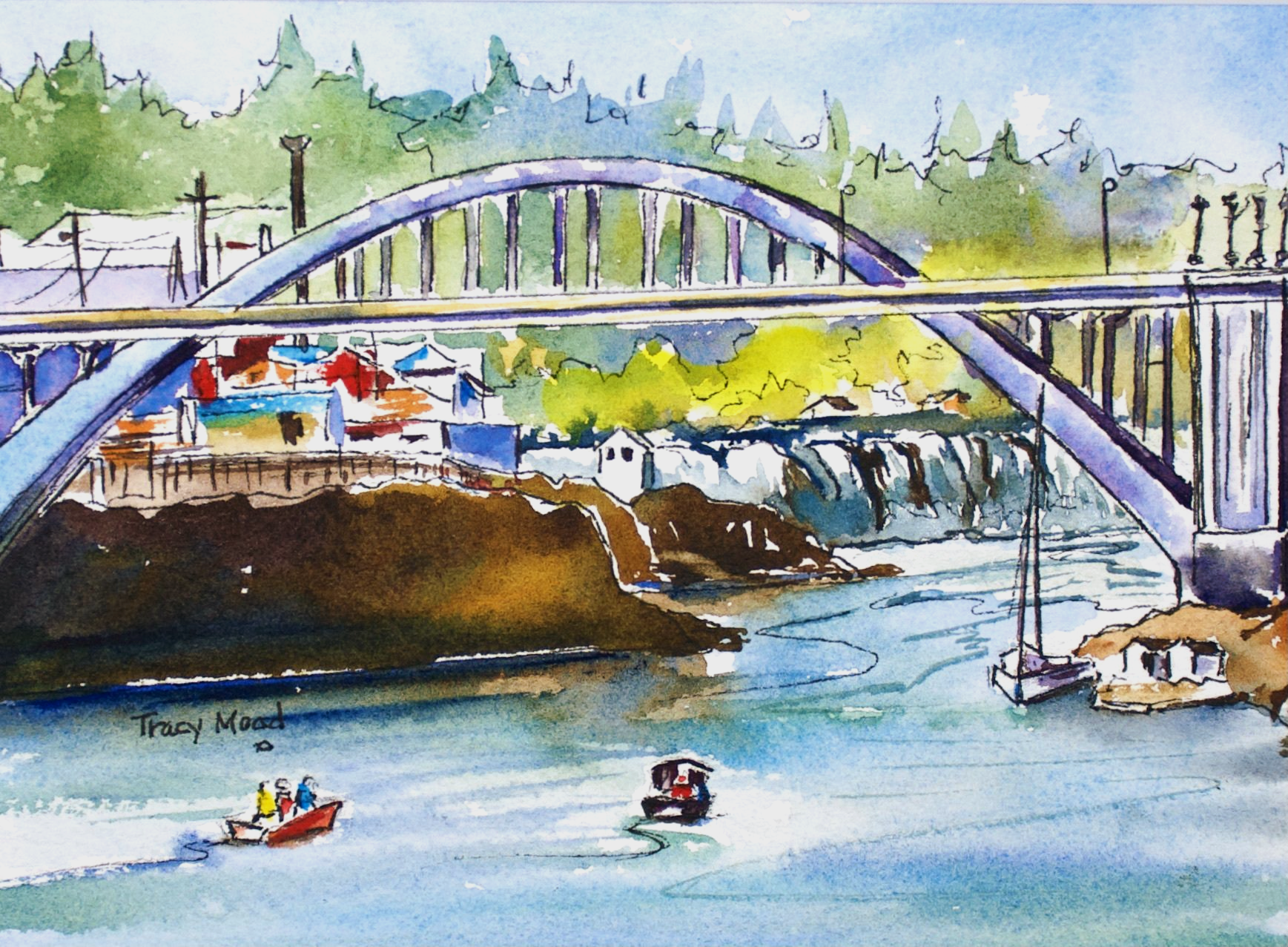 Watercolor painting of a bridge over a river with boats, a waterfall, and buildings in the background.