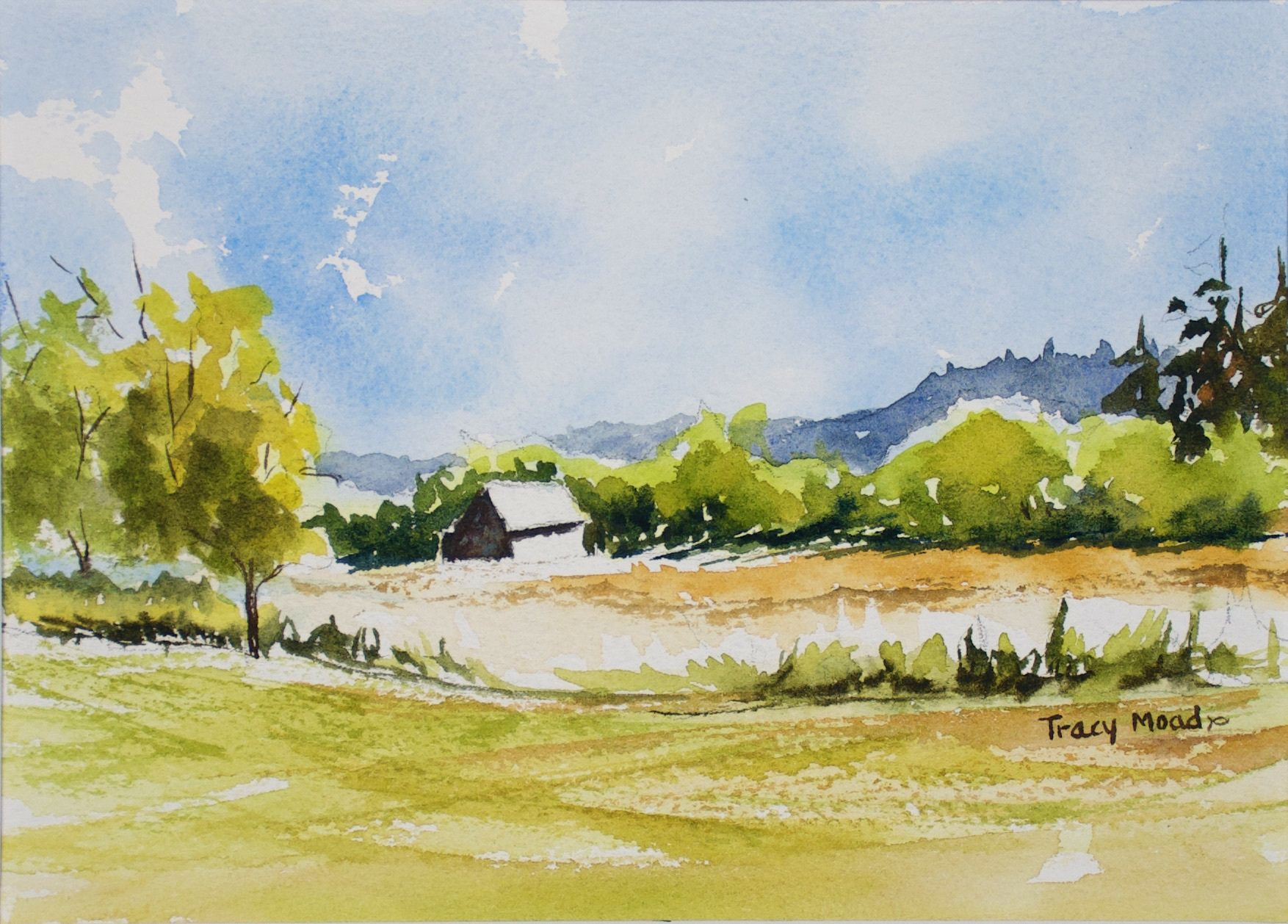Watercolor landscape of a field, trees, and small building under a blue sky with fluffy clouds.