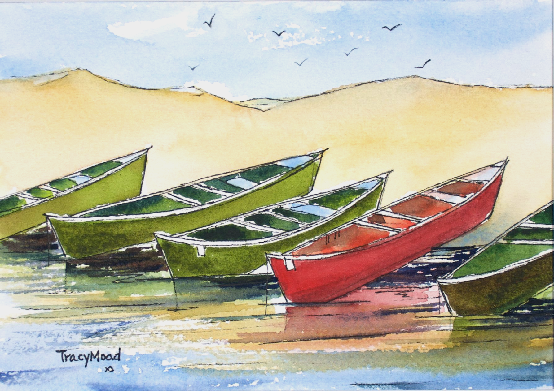 Watercolor of colorful canoes on a beach, under a blue sky, with birds flying overhead.