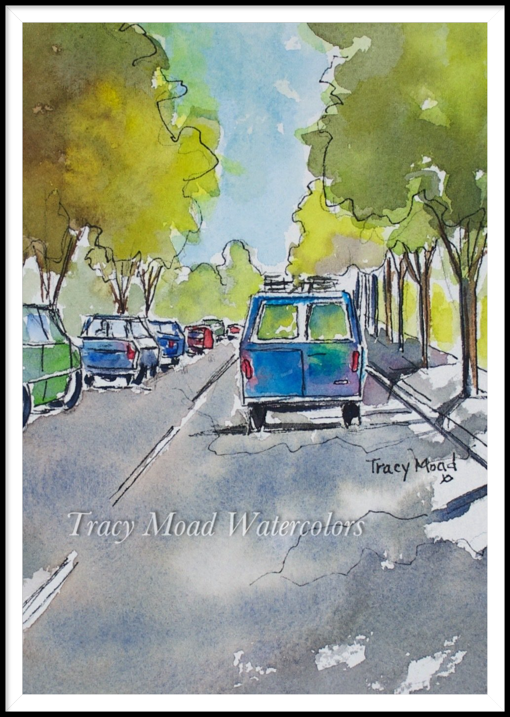Watercolor painting of a street with cars and trees lining the road, sunny day.